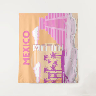 Tapiz Tulum, Viajes, Arte Retro, Rosa, Naranja