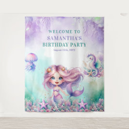 Tapiz Turquesa acuarela y cumpleaños de sirena morada