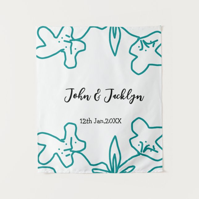 Tapiz Turquoise blue wedding couple name date flstylish  (Anverso)