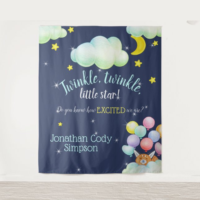 Tapiz Twinkle Little Star Navy Woodland Fox Baby Shower (Anverso)