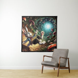 Tapiz Un Conejo Con Pánico Cae Por El Agujero De Conejo