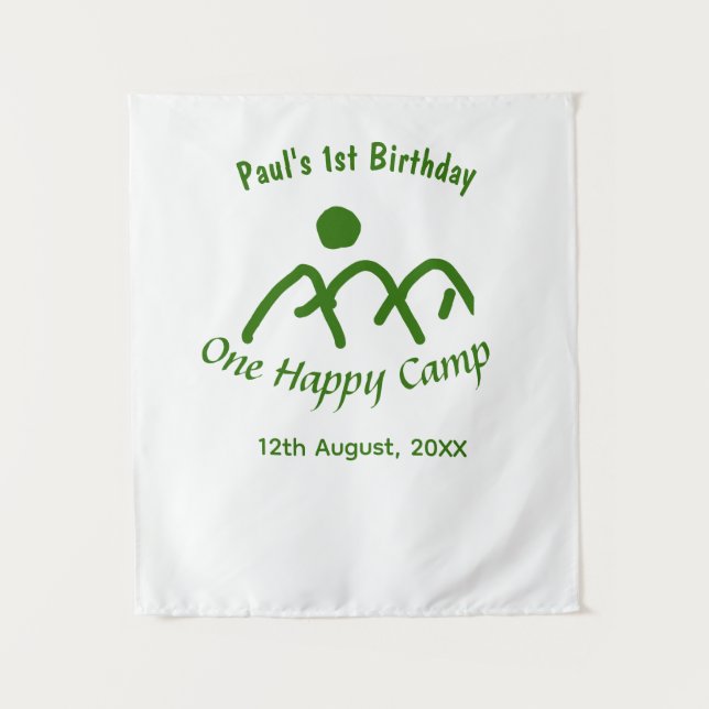 Tapiz Un feliz campamento sol verde montaña cumpleaños 1 (Anverso)