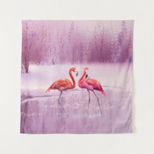 Tapiz Un par de flamencos rosados están en el agua en el