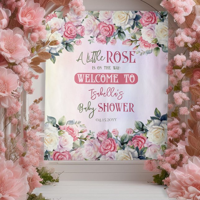 Tapiz Un pequeño Rosa Chica Floral Baby Shower Backups (Pink Rose Floral Bouquets Girl Baby Shower "Welcome" Backdrop -- A Little Rose Collection)