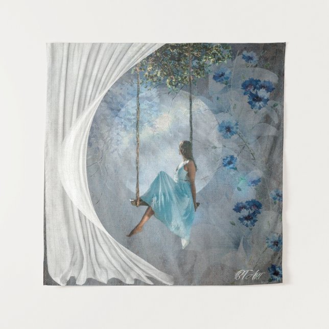 Tapiz Una mujer con un vestido azul en un columpio (Anverso)