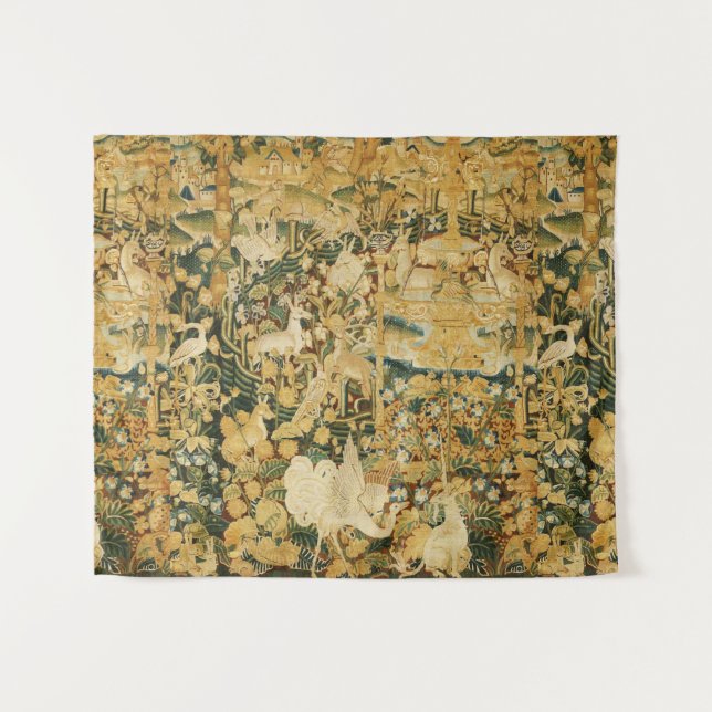 TAPIZ UNICORN, GRIFFIN BLANCO, ANIMALES, FLORES FANTASÍA (Anverso (horizontal))