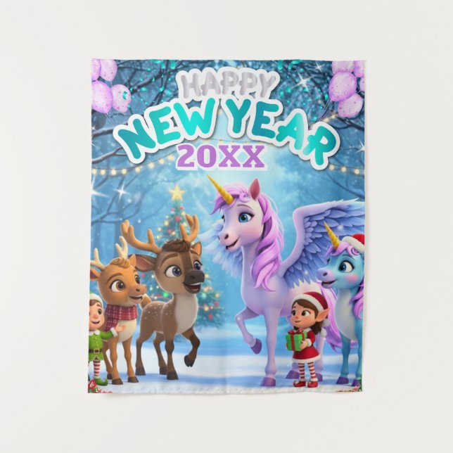 Tapiz  Unicorn & Reindeer Kids New Year  Party Backdrop (Anverso)