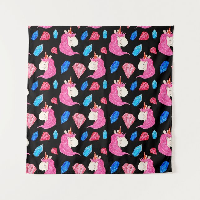 Tapiz Unicornio, cristales: mágico patrón de acuarela. (Anverso)