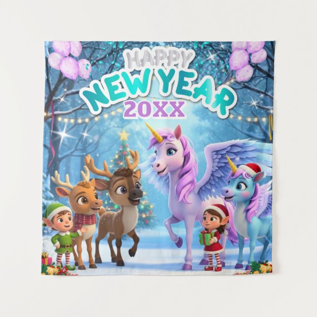 Tapiz Unicornio Mágico y Reno Niños Fondo de Año Nuevo (Anverso)