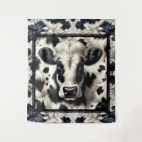 Vaca de cuero negro y blanco con aspecto peludo