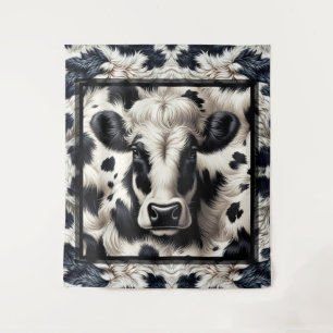 Tapiz Vaca de cuero negro y blanco con aspecto peludo