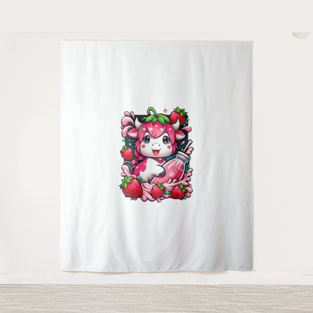 Tapiz Vaca de fresa Kawaii Anime Fresa Leche (Anverso)