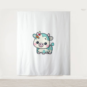 Tapiz Vaca Kawaii Adorable con diseño de cerezo y vaca _