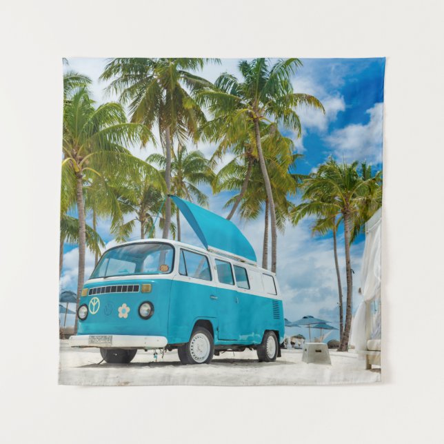 Tapiz Van azul y blanca en la playa (Anverso)