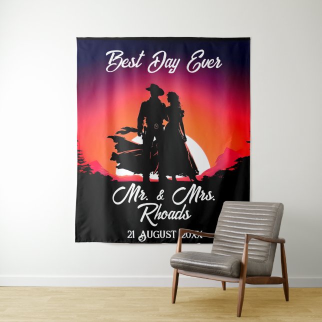 Tapiz Vaquero y novia en el Boda Sundown (In situ)