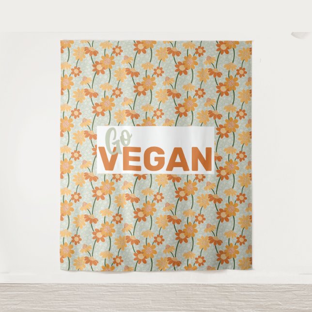 Tapiz ¡Vegan! Flores retro de los años 70 apagadas (Anverso)