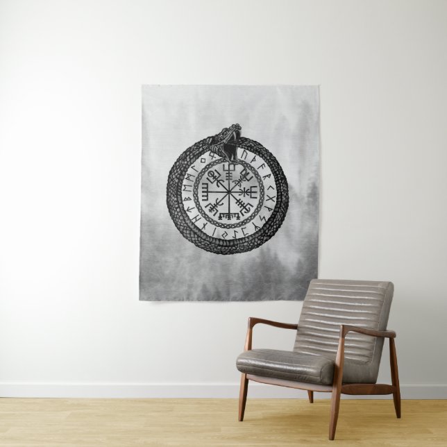 Tapiz Vegvisir con Ouroboros y las runas - grayscale (In situ)