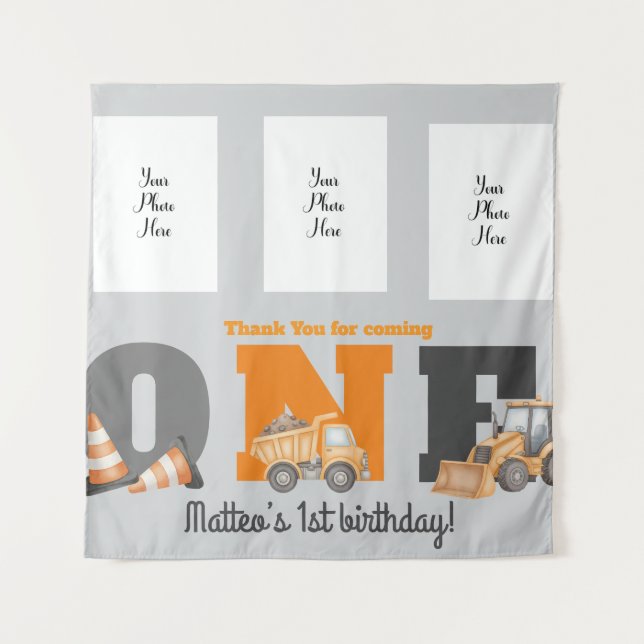 Tapiz Vehículos de Construcción Cumpleaños Número Uno Vo (Anverso)
