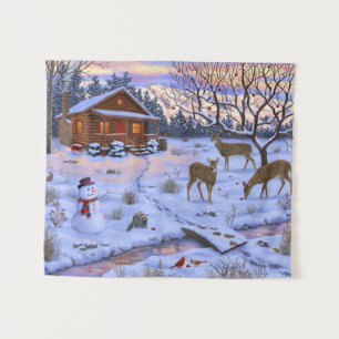 Tapiz Venado De Cabina De Invierno En Escena De Navidade