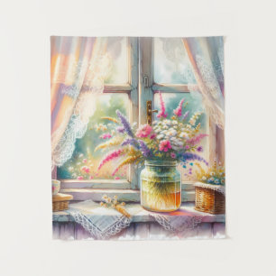 Tapiz Ventana de cabaña soleada con flores silvestres