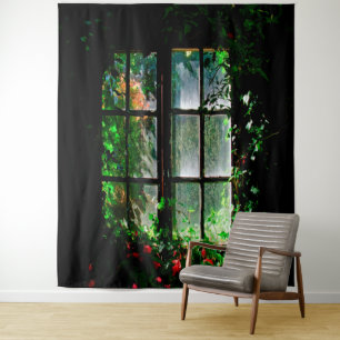 Tapiz Ventana de jardín con rojo negro
