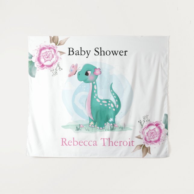 Tapiz Verde azulado contexto de Baby Shower sobre dinosa (Anverso (horizontal))