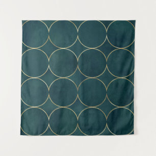 Tapiz Verde azulado oscuro, Círculos dorados acuarela.