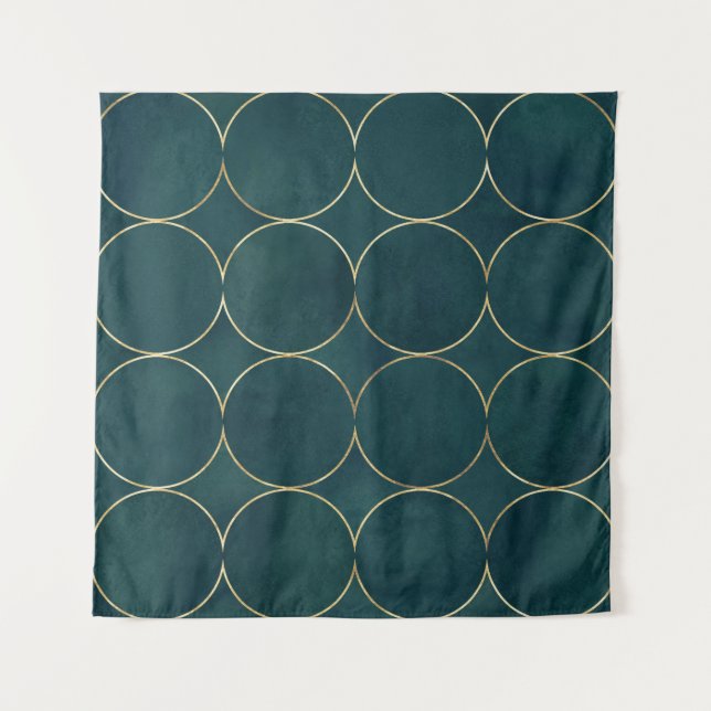 Tapiz Verde azulado oscuro, Círculos dorados acuarela. (Anverso)