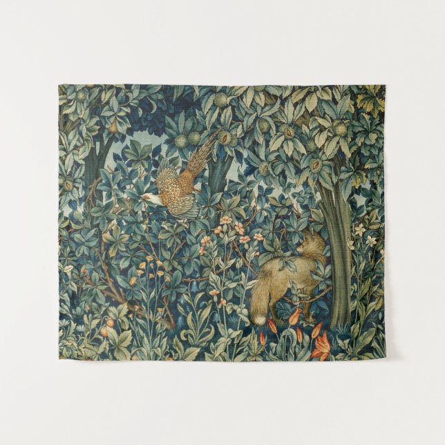 Tapiz VERDOR, ANIMALES faisán, Fox, floral verde del (Anverso (horizontal))