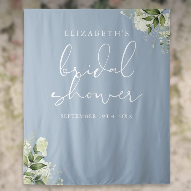Tapiz Verdor Dusty Blue Bridal Shower Foto de fondo (Greenery Dusty Blue Bridal Shower Photo Backdrop)