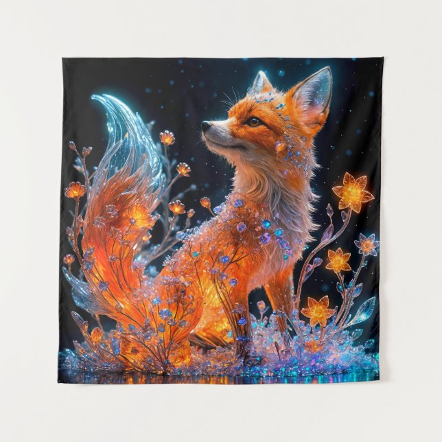 Tapiz Vermilion Crystal Fox con flores bioluminiscentes (Anverso)