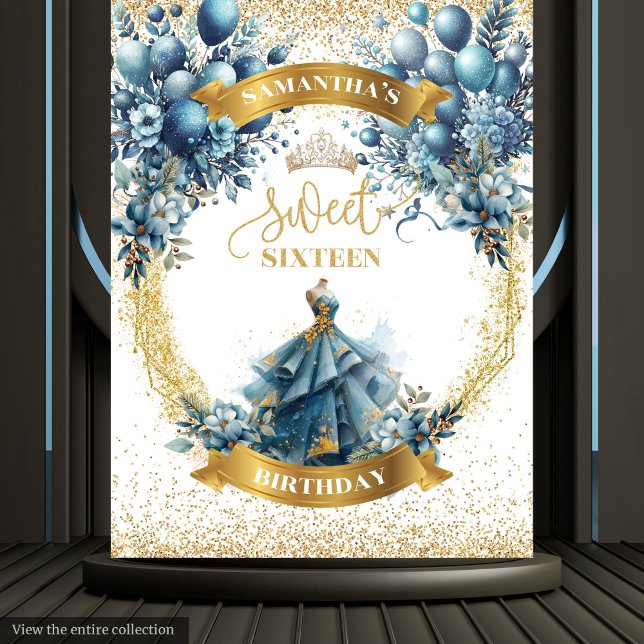 Tapiz Vestido Azul y Globos Dorados Cumpleaños Dulces 16 (Blue Dress and Gold Balloons Sweet 16 Birthday Tapestry)