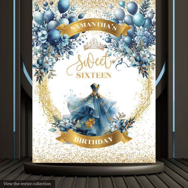Tapiz Vestido de Acuarela Fiesta de Cumpleaños de los Du (Blue Gold Sweet Sixteen Watercolor Dress Party Tapestry)