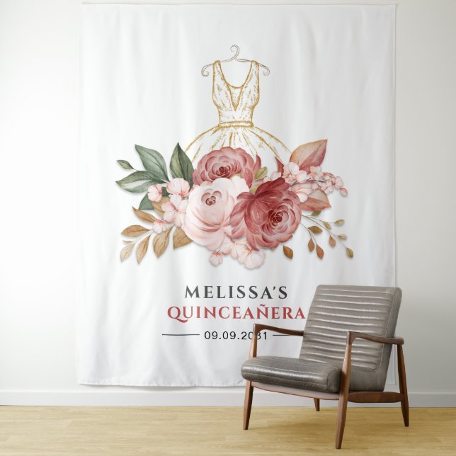 Tapiz Vestido Floreado Falso Dorado Quinceañera Cumpleañ (In situ)