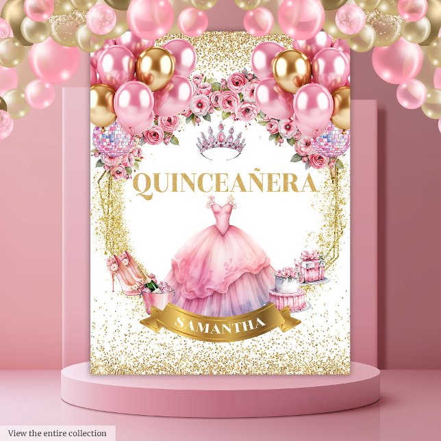 Tapiz Vestido rosa Quinceañera Fiesta Sparkle fondo (Pink Dress Quinceañera Party Backdrop Sparkle

)