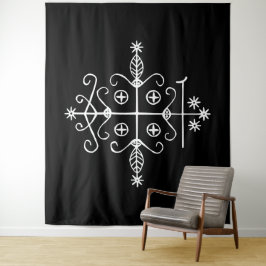 Tapiz Veve blanco de Papa Legba sobre negro