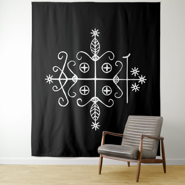 Tapiz Veve blanco de Papa Legba sobre negro (In situ)