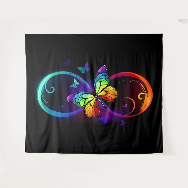 Tapiz Vibrant infinity with rainbow butterfly on black (Anverso (horizontal))