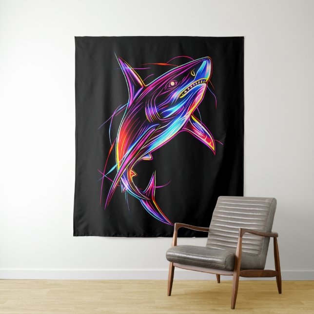 Tapiz Vibrant Neon Shark Modern Digital Ocean (In situ)