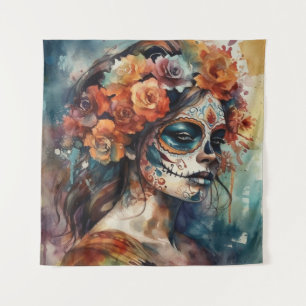 Tapiz Vibrante Catrina de Día de Muertos en Acuarela