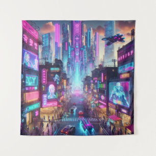 Tapiz Vibrante Neon Cyberpunk Cityscape Fantasy