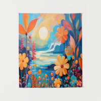 Vibrante Sunset Floral Paisaje Natural Arte
