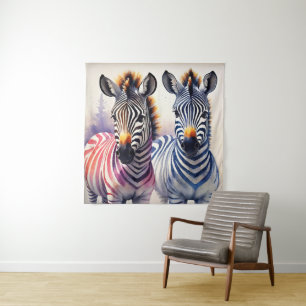 Tapiz Vibrante Zebra Duo Watercolor Pointillismo Arte