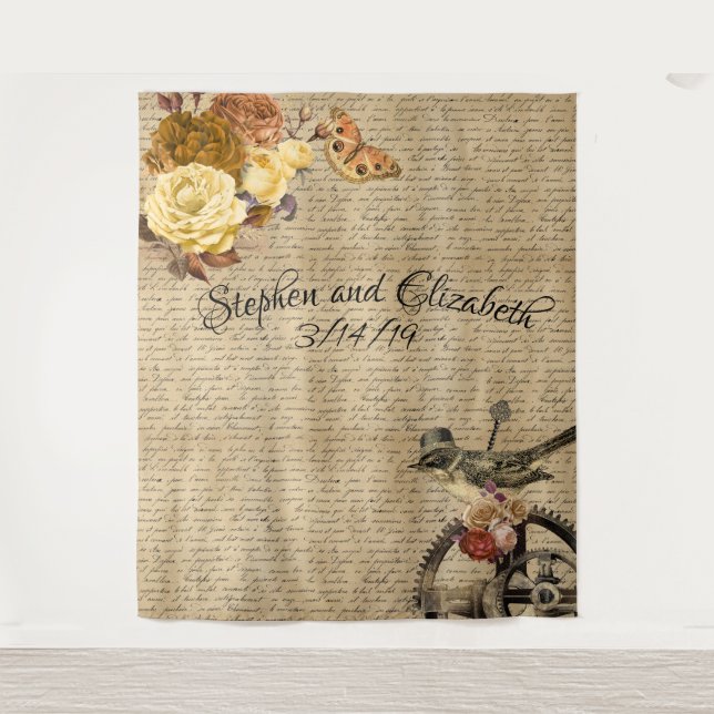 Tapiz Victoriano Steampunk Boda fondo Gear Floral (Anverso)