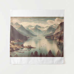 Tapiz Vintage Alpine Lake Landscape Tapestry