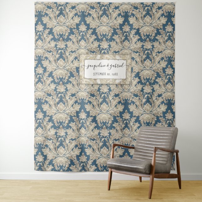 Tapiz Vintage Elegant Blue Damask Wedding Photo Backdrop (In situ)