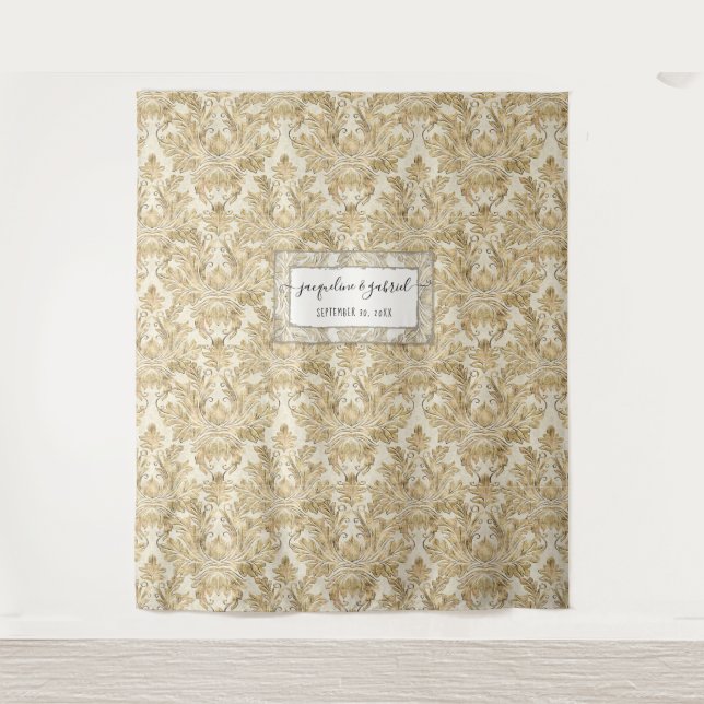 Tapiz Vintage Elegant Gold Damask Wedding Photo Backdrop (Anverso)