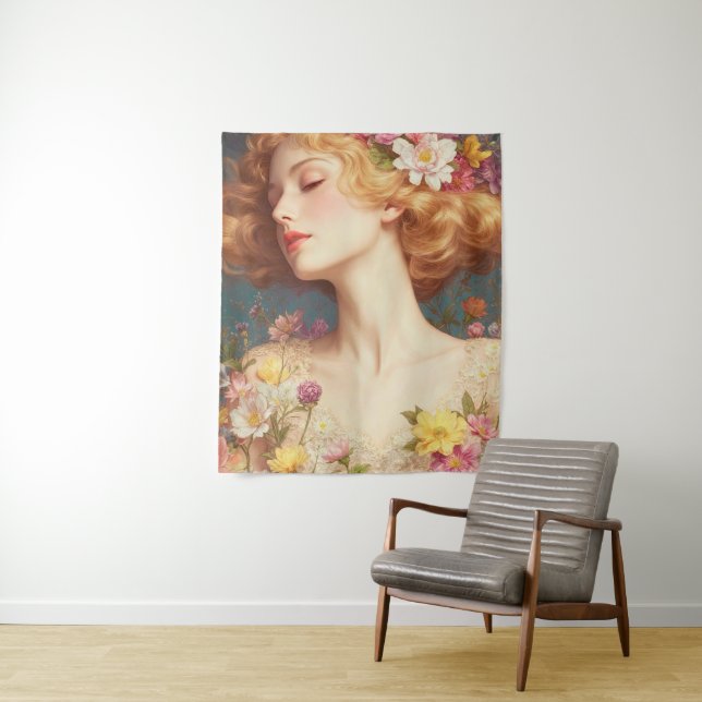 Tapiz Vintage Floral Goddess Portrait (In situ)