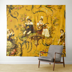 Tapiz Vintage French Gold Yellow Toile Victorian Floral