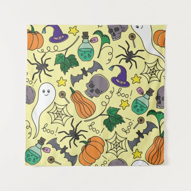 Tapiz vintage Halloween seamless pattern. Pumpkin, ghost (Anverso)